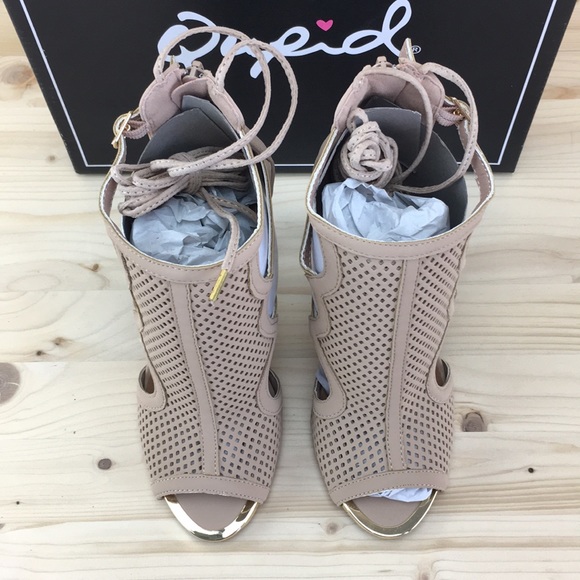 Qupid Interest-125 Taupe Perforated Gladiator Lace - Picture 5 of 8